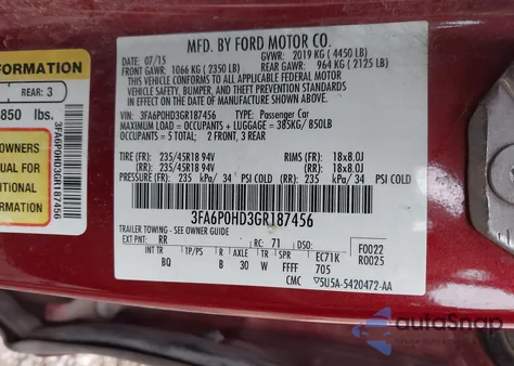 2016 Ford Fusion Se z USA, uszkodzony, nr VIN 3FA6P0HD3GR187456